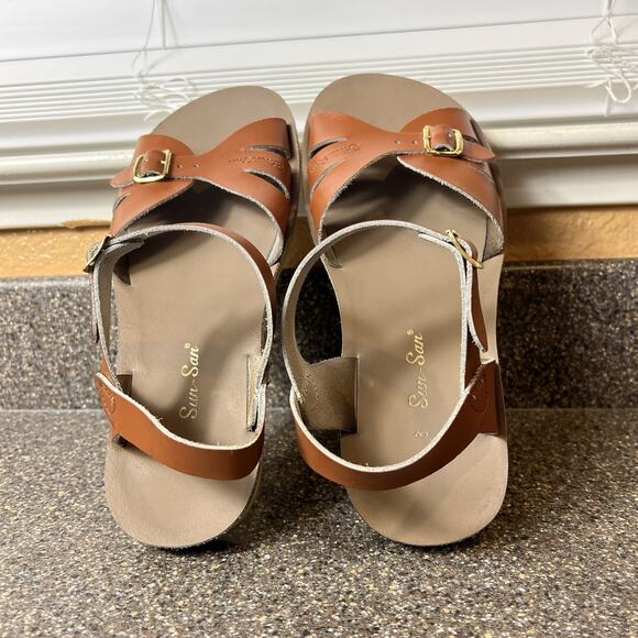 Sun-San Hoyway Brown Leather Womens Sz 8 Summer Casual Sandals Ankle Strap Flats - Picture 4 of 10
